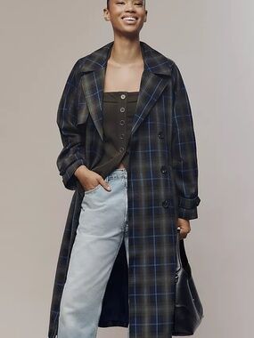 New! Avec Les Filles Women's Checkered Blue Double Breasted Trench, Size Medium